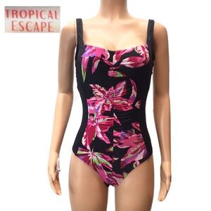 Tropical Escape Ruched Slimming 1pc Swimsuit